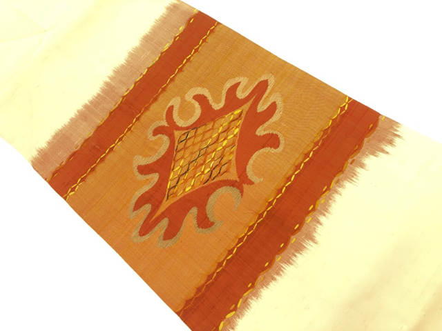 JAPANESE KIMONO / VINTAGE NAGOYA OBI / TSUMUGI / RIBBON-ORI / WOVEN ABSTRACT PATTERN